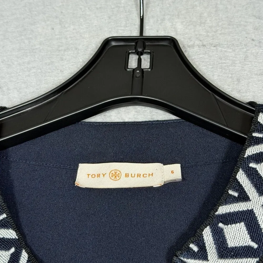 Tory Burch Tunic Top Women’s 6 Navy Blue Ariana Embroidered Knit Trim V Neck - Picture 10 of 13
